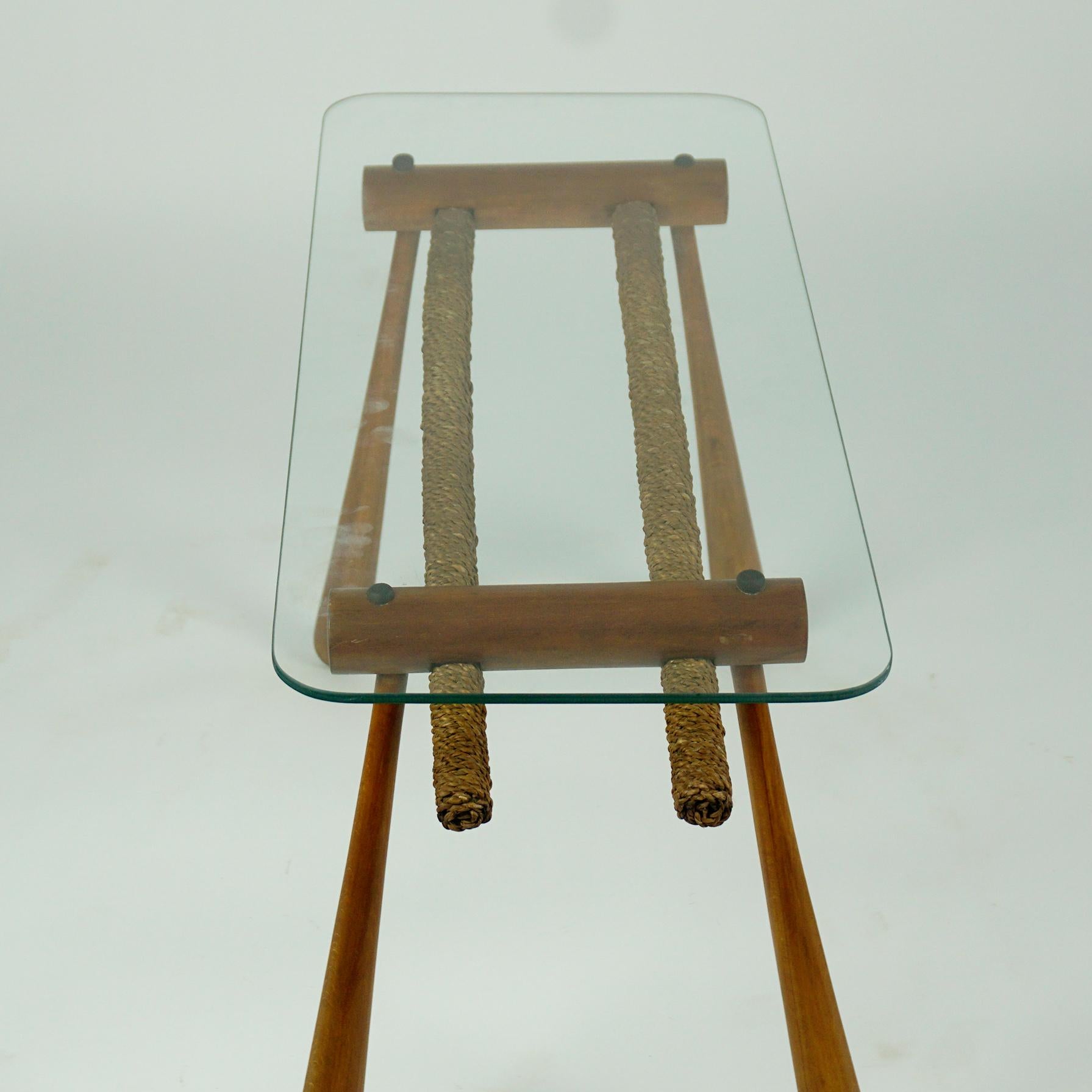 Mid-20th Century Austrian Midcentury Beechwood Side Table with Cord and Glass Top by Max Kment For Sale