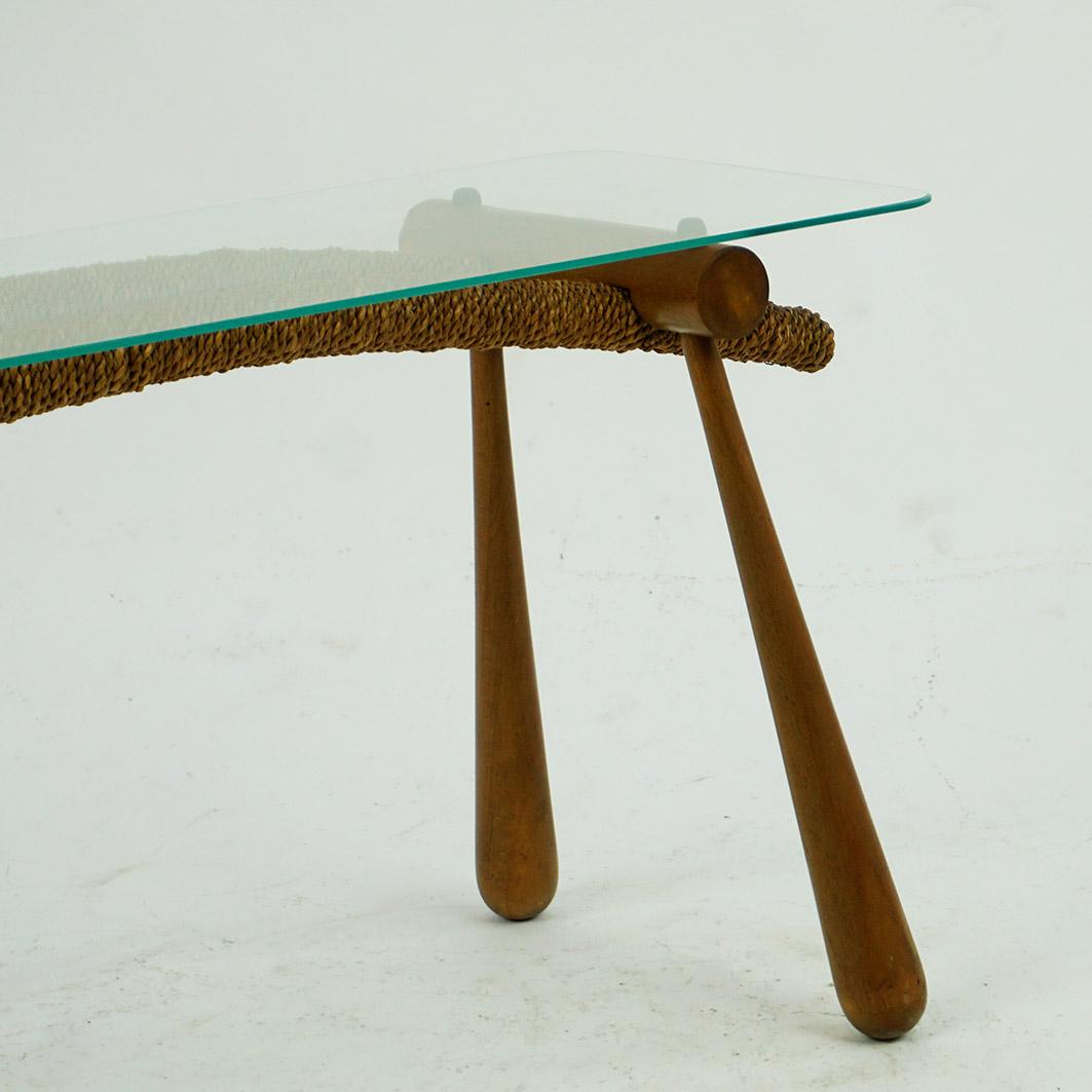 Austrian Midcentury Beechwood Side Table with Cord and Glass Top by Max Kment For Sale 1