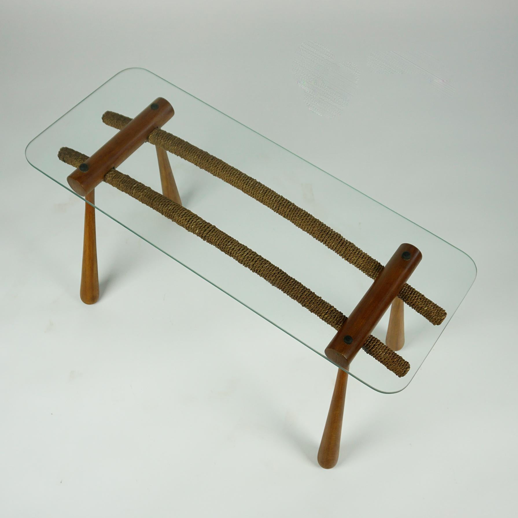 Austrian Midcentury Beechwood Side Table with Cord and Glass Top by Max Kment For Sale 2