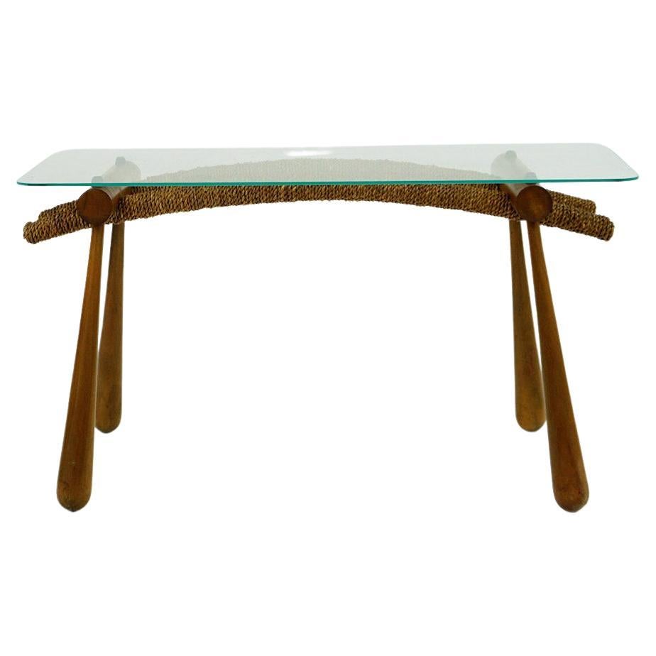 Austrian Midcentury Beechwood Side Table with Cord and Glass Top by Max Kment