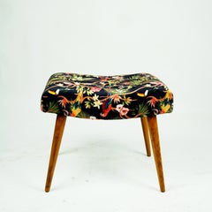 Austrian Midcentury Black and Multicolored Birds and Flower Velvet Beech Stool