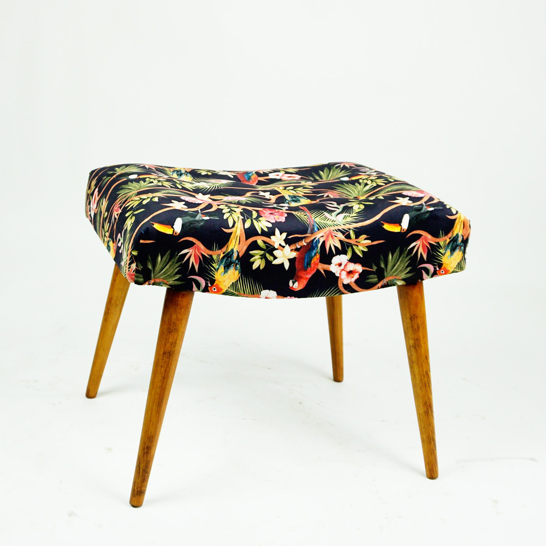 Mid-20th Century Austrian Midcentury Black and Multicolored Birds and Flower Velvet Beech Stool For Sale