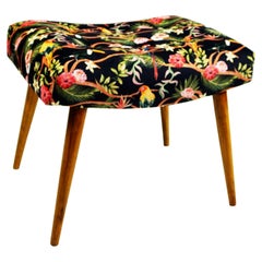 Austrian Midcentury Black and Multicolored Birds and Flower Velvet Beech Stool