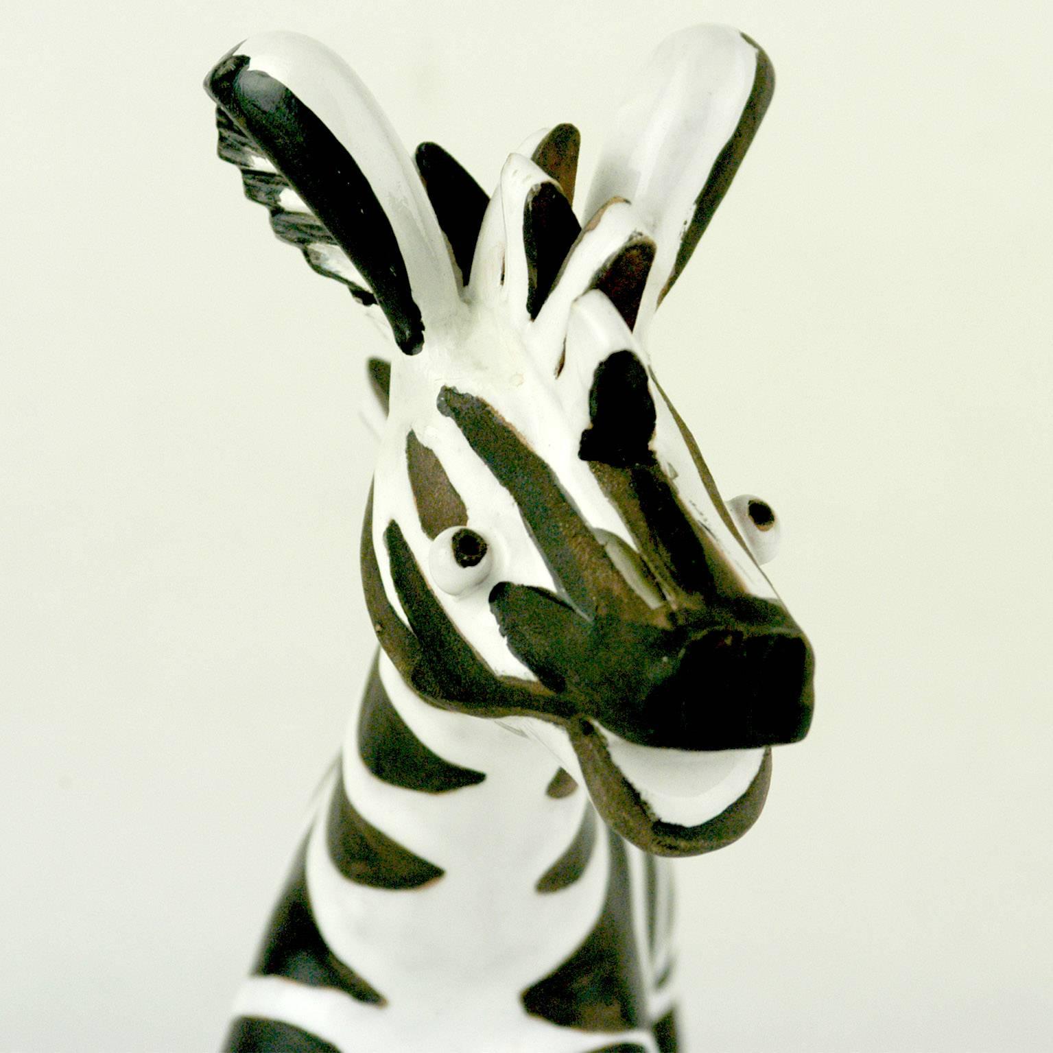 Austrian Midcentury Black and White Glazed Ceramic Zebra by Leopold Anzengruber 2