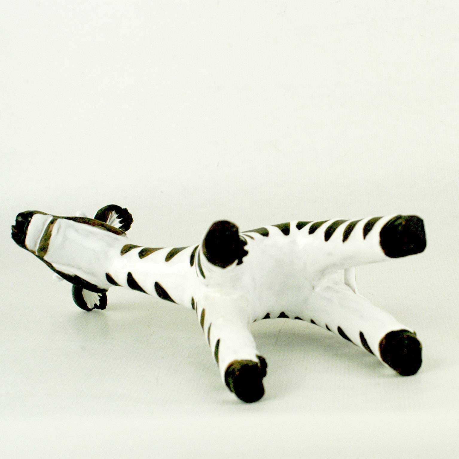 Austrian Midcentury Black and White Glazed Ceramic Zebra by Leopold Anzengruber 3
