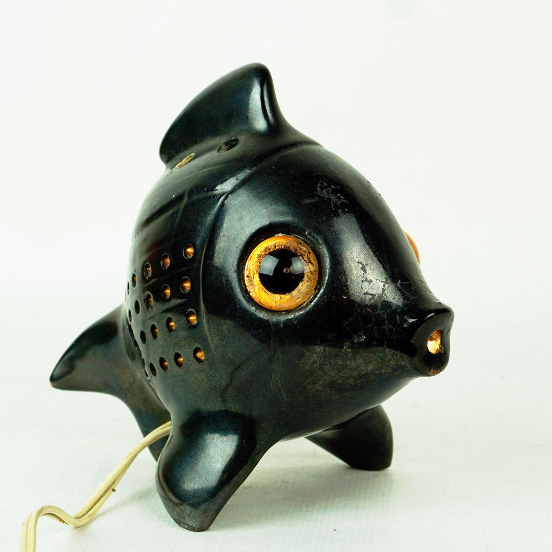 Glazed Austrian Midcentury Black Ceramic Fish by Anzengruber Keramik For Sale