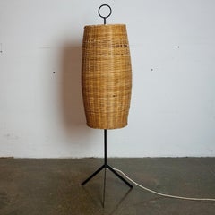 Austrian Midcentury Black Iron and Wicker Floor Lamp Renee by J.T. Kalmar