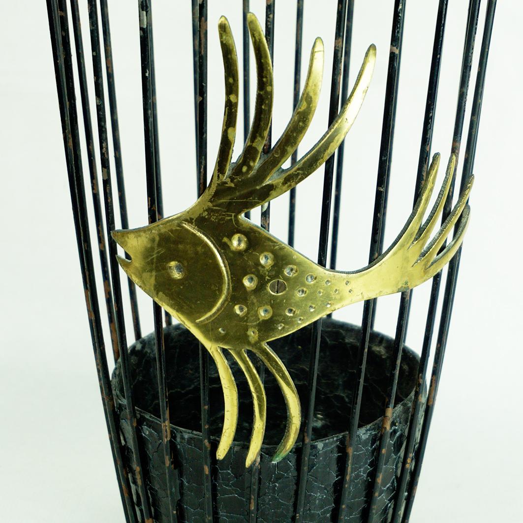Mid-Century Modern Austrian Mid Century Black Metal and Brass Fish Umbrella Stand by Walter Bosse For Sale
