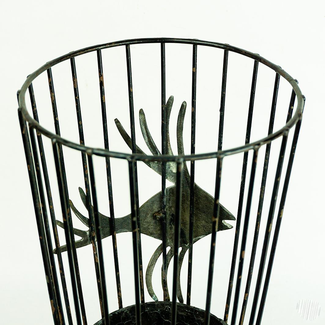Mid-20th Century Austrian Mid Century Black Metal and Brass Fish Umbrella Stand by Walter Bosse For Sale