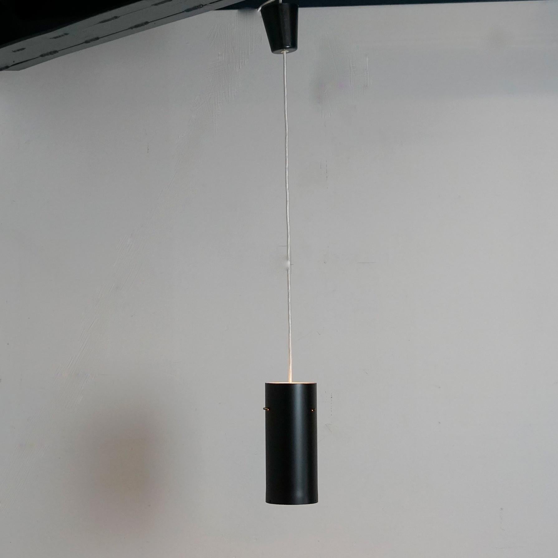 Lacquered Austrian Midcentury Black Metal and Brass Zylinder Pendant Lamp by J. T. Kalmar For Sale