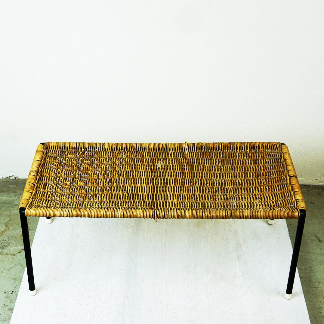 A charming small Austrian Midcentury Modern rectangular sized table or stool designed and made by Carl Auböck II, Vienna, Austria, circa 1950 in very nice original  condition with some slight wear at the wicker, please have a look at the