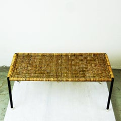 Austrian Midcentury Black Steel and Wicker Side Table by Carl Auböck