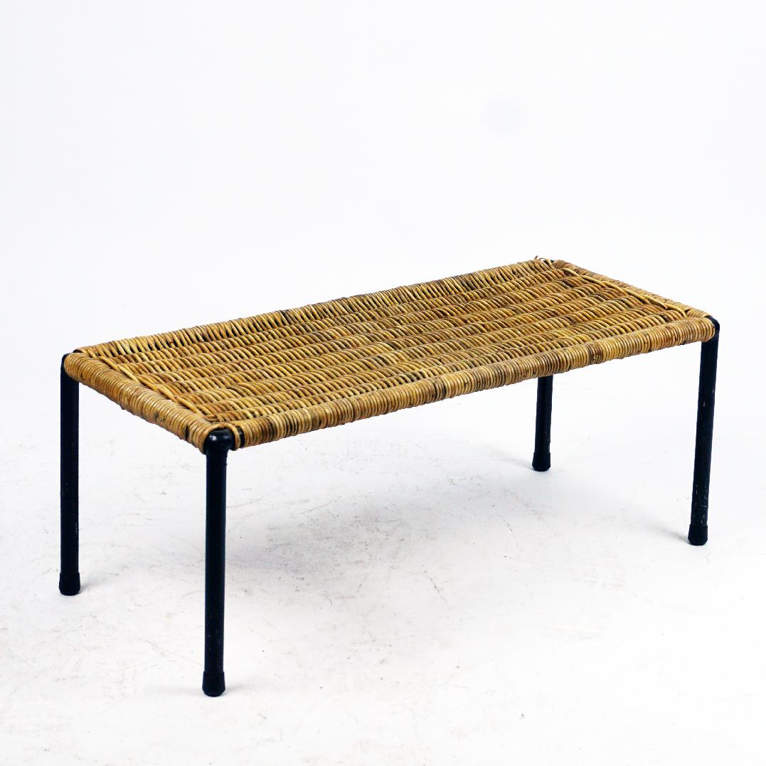 Austrian Midcentury Black Steel and Wicker Side Table by Carl Auböck In Good Condition For Sale In Vienna, AT