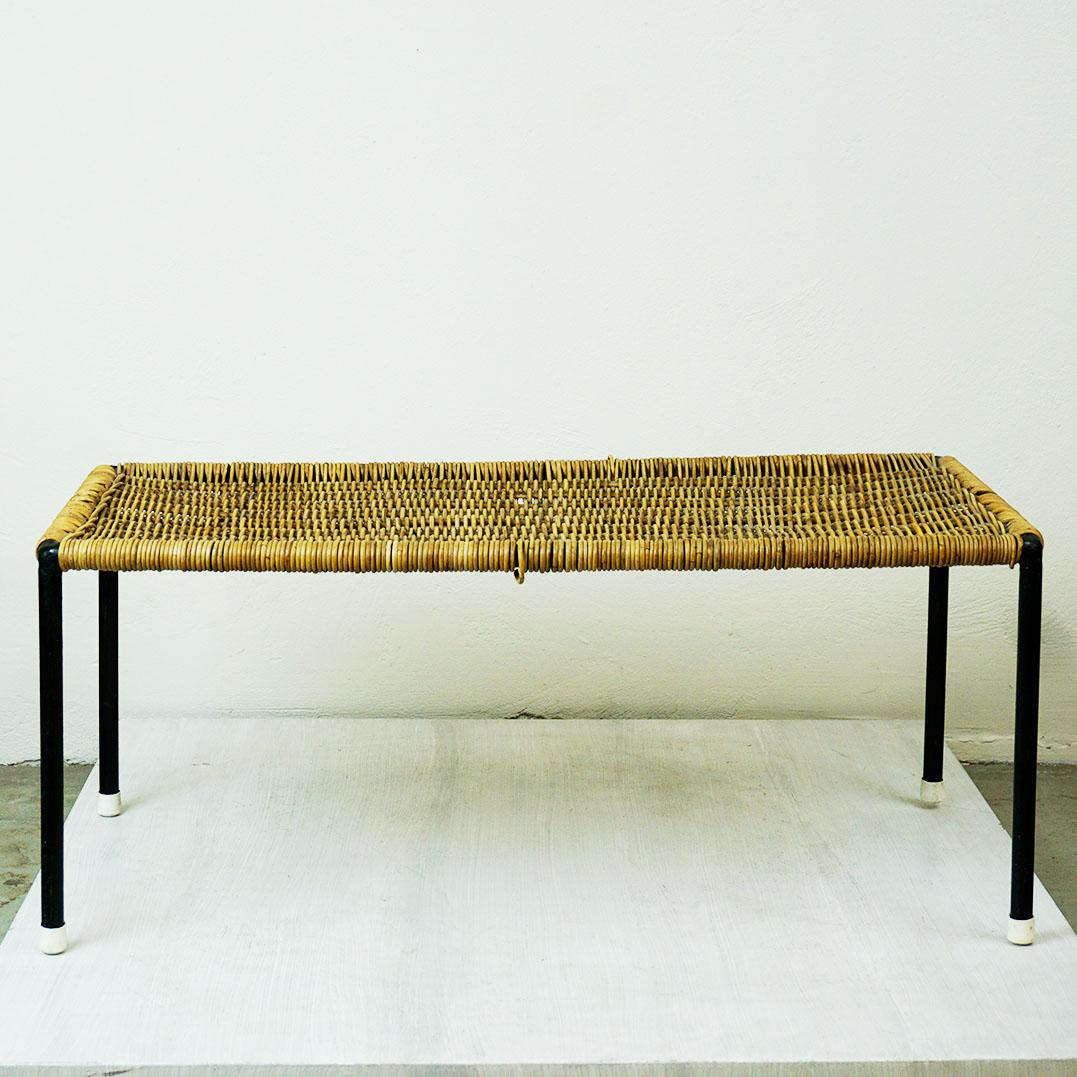 Austrian Midcentury Black Steel and Wicker Side Table by Carl Auböck In Good Condition For Sale In Vienna, AT