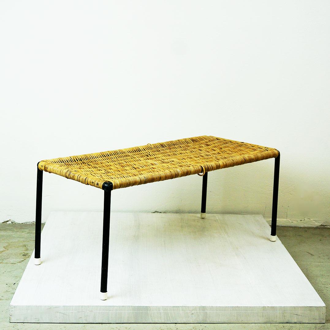 Mid-20th Century Austrian Midcentury Black Steel and Wicker Side Table by Carl Auböck For Sale