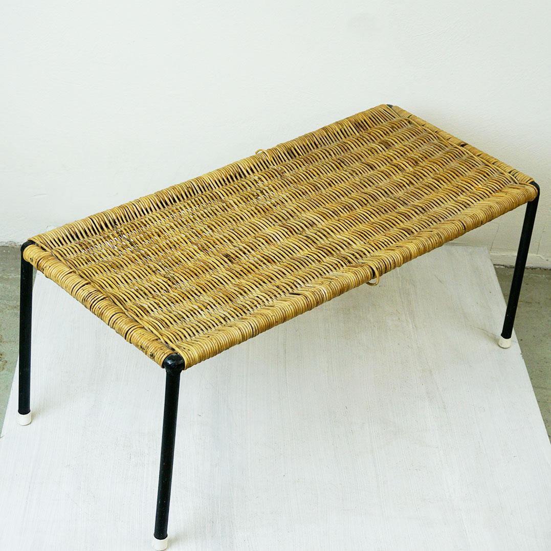 Austrian Midcentury Black Steel and Wicker Side Table by Carl Auböck For Sale 1