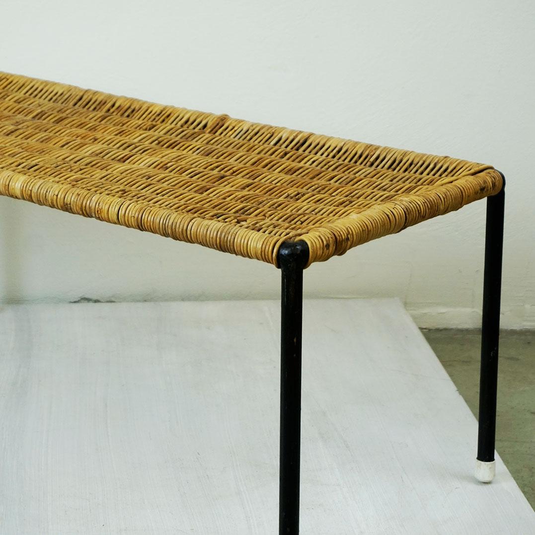 Austrian Midcentury Black Steel and Wicker Side Table by Carl Auböck For Sale 3