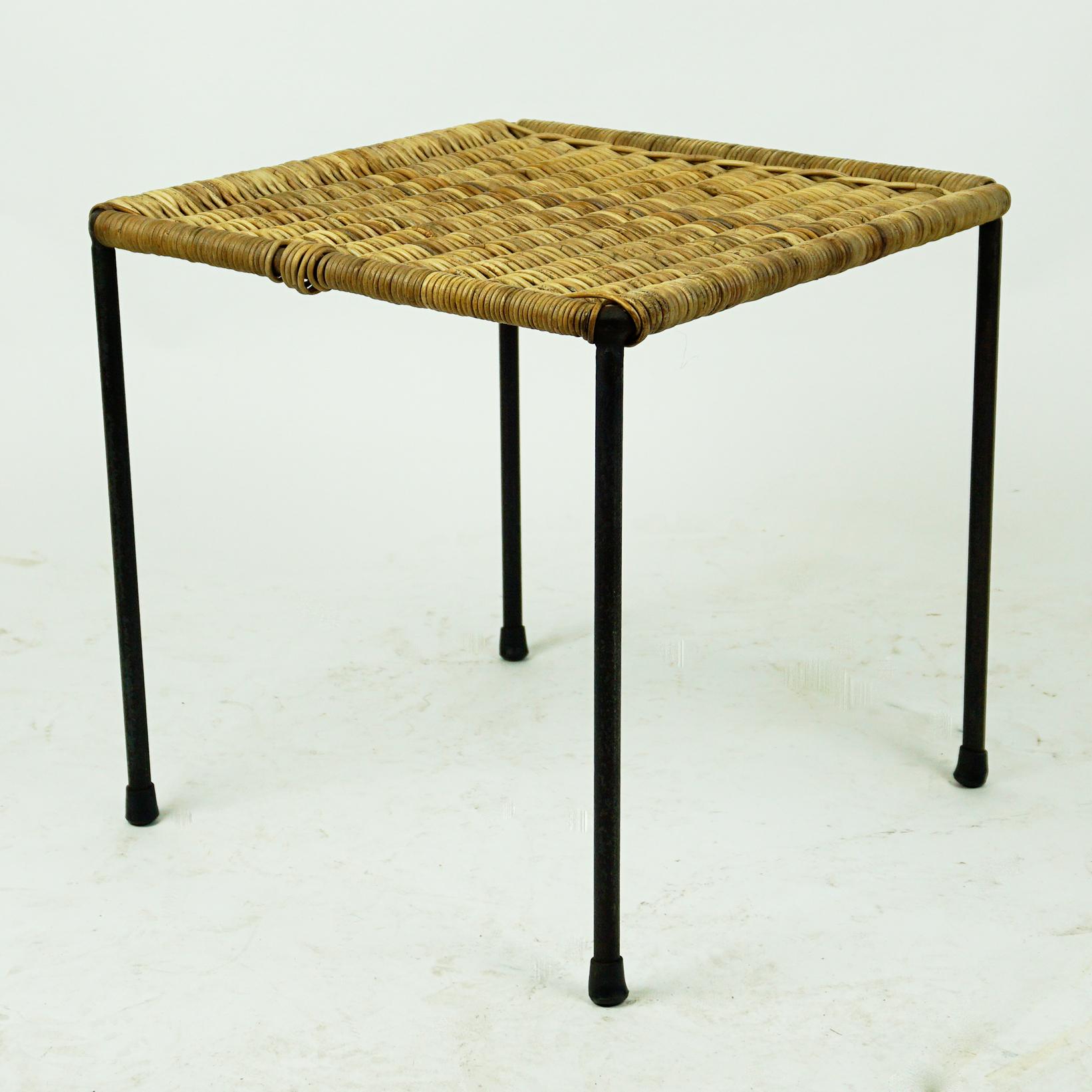 Mid-Century Modern Austrian Midcentury Black Steel and Wicker Side Table or Stool by Carl Auböck