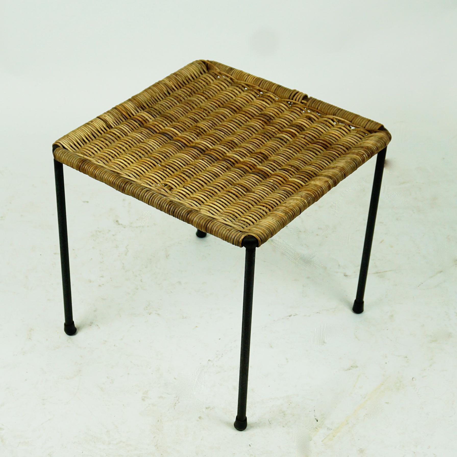Austrian Midcentury Black Steel and Wicker Side Table or Stool by Carl Auböck In Good Condition In Vienna, AT