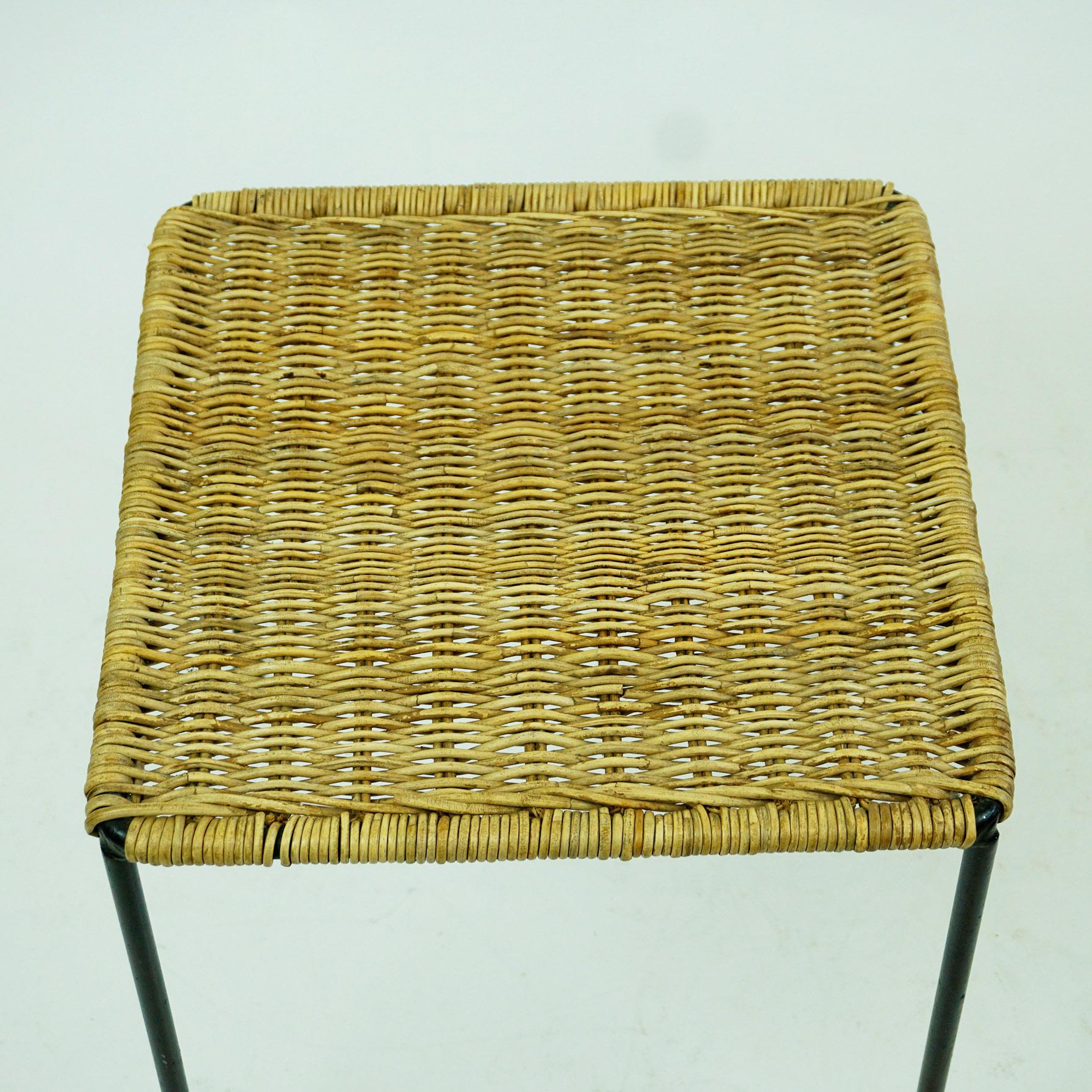 Mid-20th Century Austrian Midcentury Black Steel and Wicker Side Table or Stool by Carl Auböck
