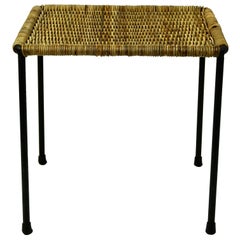 Austrian Midcentury Black Steel and Wicker Side Table or Stool by Carl Auböck