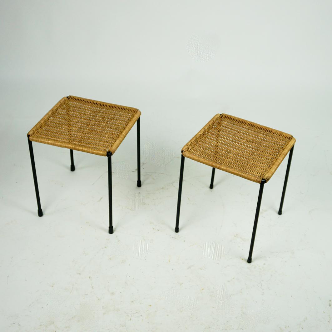 Blackened Austrian Midcentury Black Steel and Wicker Side Tables or Stools by Carl Auböck