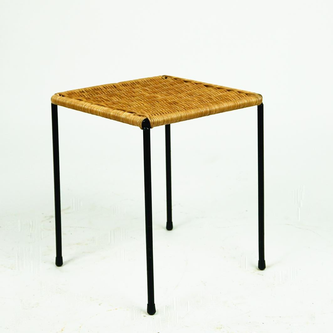 Austrian Midcentury Black Steel and Wicker Side Tables or Stools by Carl Auböck 1