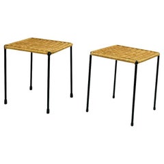 Austrian Midcentury Black Steel and Wicker Side Tables or Stools by Carl Auböck