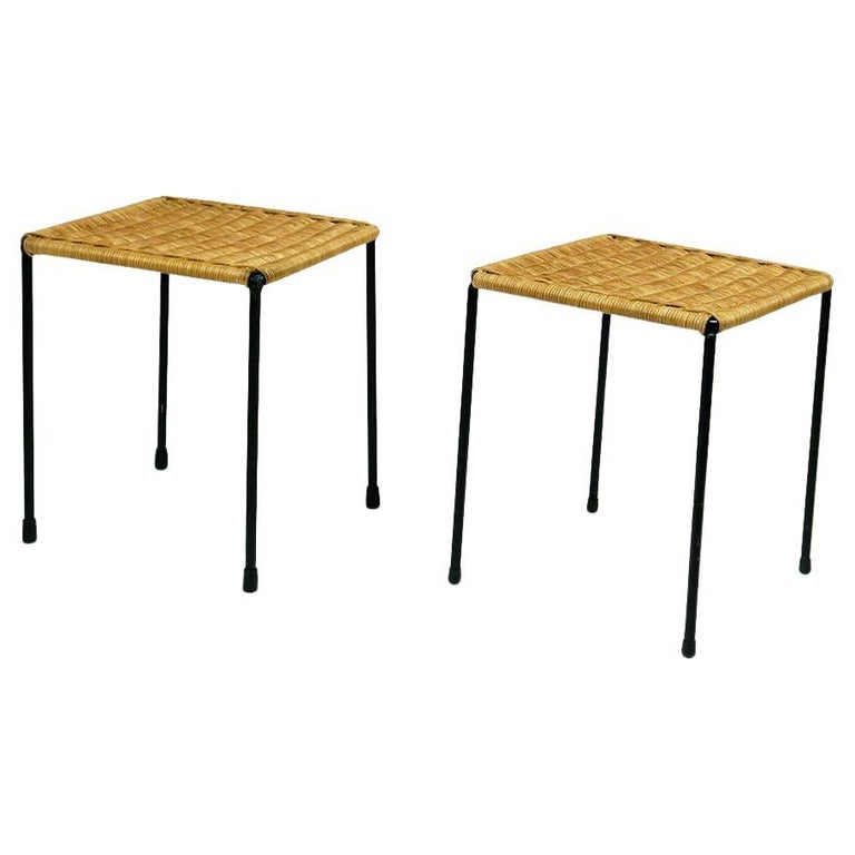 Austrian Midcentury Black Steel and Wicker Side Tables or Stools by ...
