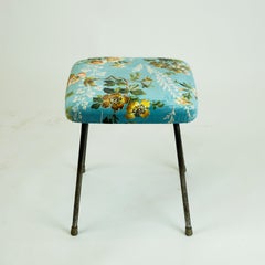 Austrian Midcentury Blue and Multicolored Flower Velvet and Steel Stool