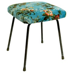 Austrian Midcentury Blue and Multicolored Flower Velvet and Steel Stool