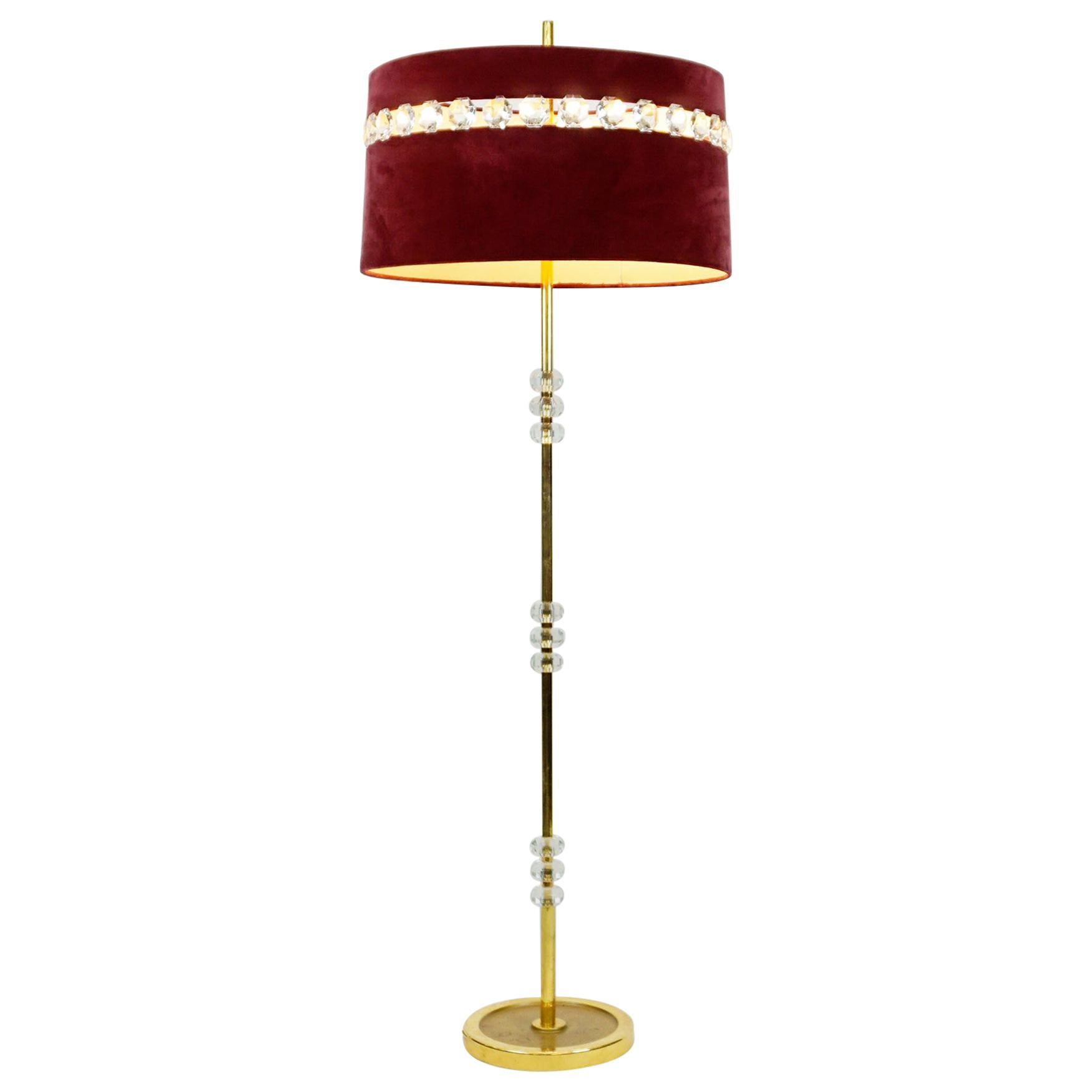 Austrian Midcentury Brass and Crystal Glass Floor Lamp with Red Velvet Shade For Sale
