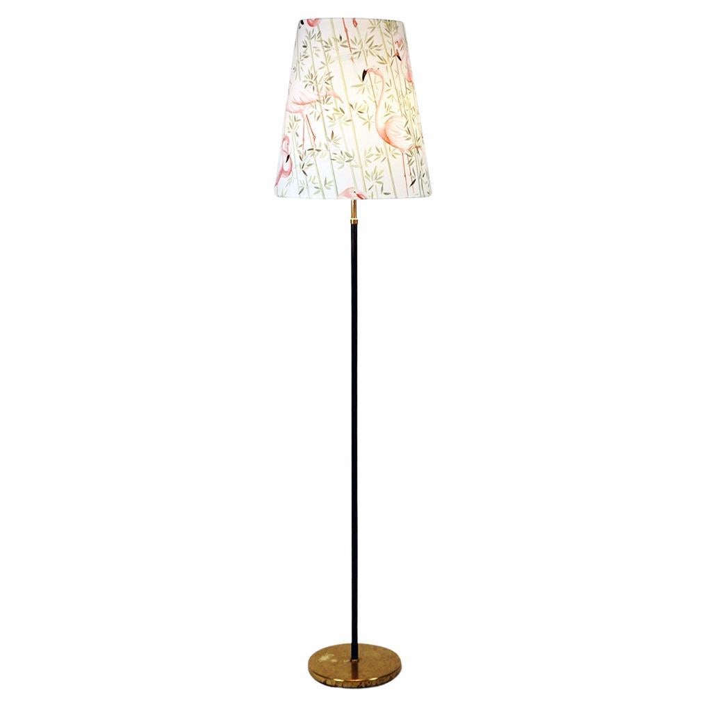 Austrian Midcentury Brass Floor Lamp with Pink Flamingo Shade For Sale