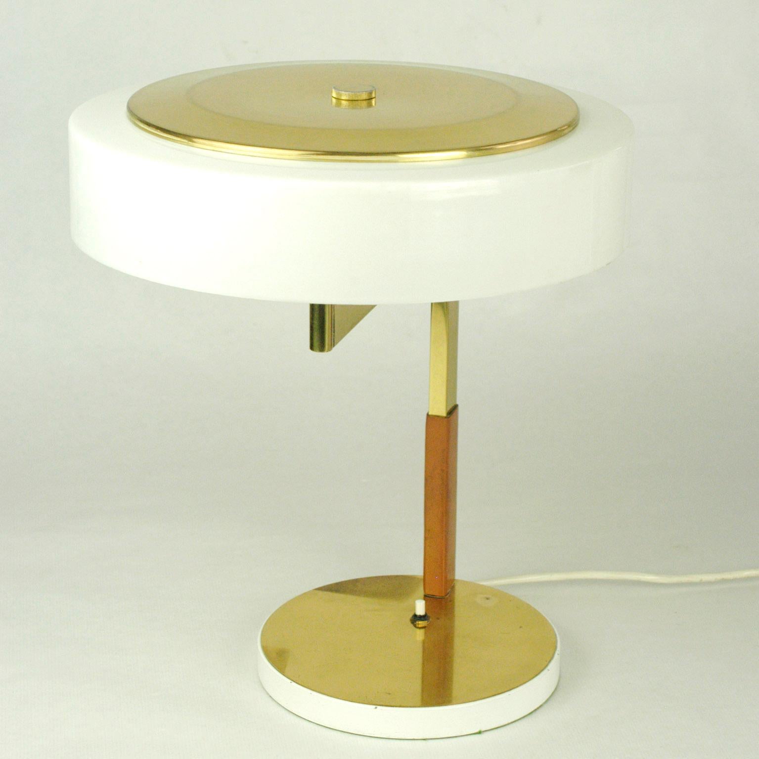 Austrian Midcentury Brass Leather and White Acrylic Desk Lamp by J.T. Kalmar For Sale 1