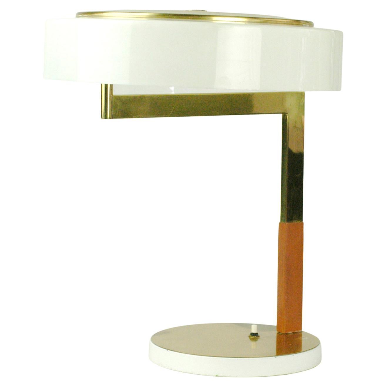 Austrian Midcentury Brass Leather and White Acrylic Desk Lamp by J.T. Kalmar