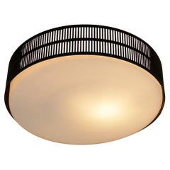 Austrian Midcentury Circular Black Metal and Opaline Glass Ceiling Lamp