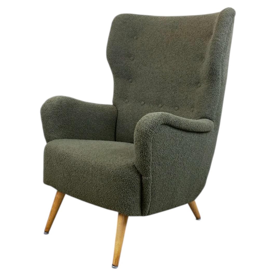 Austrian Midcentury grey green Bouclé Wingback Armchair For Sale