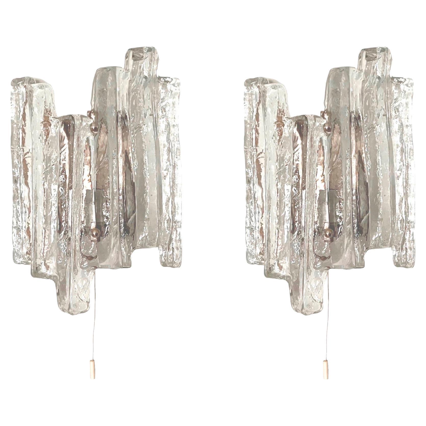 Austrian Midcentury Pair of Ice-Glass Wall Sconces by Kalmar, 1970s