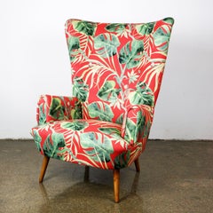 Austrian Midcentury Red and Green Floral Wingback Armchair with Walnut Legs
