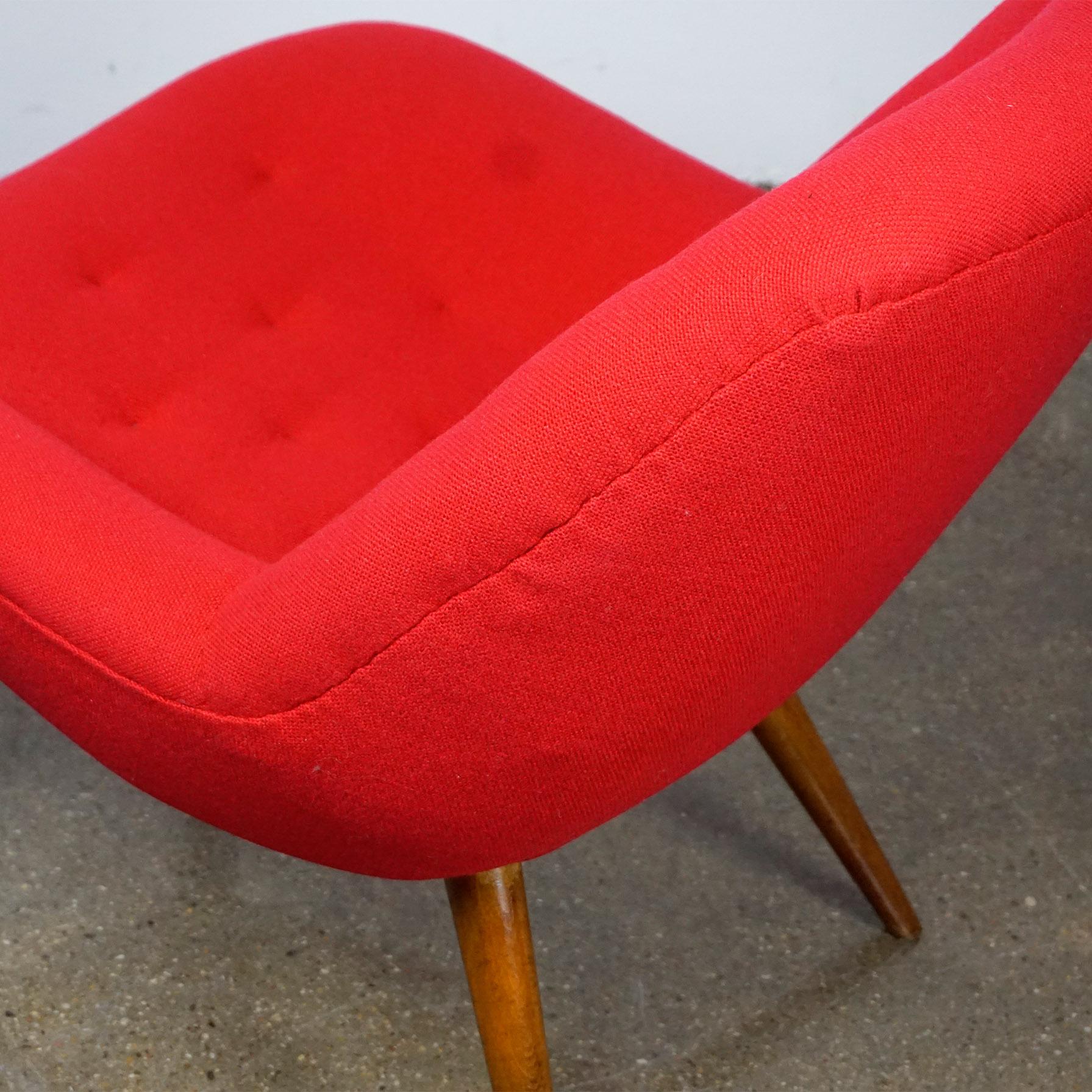 Austrian Midcentury Red Bucket Lounge or Cocktail Chair with Walnut Legs 3