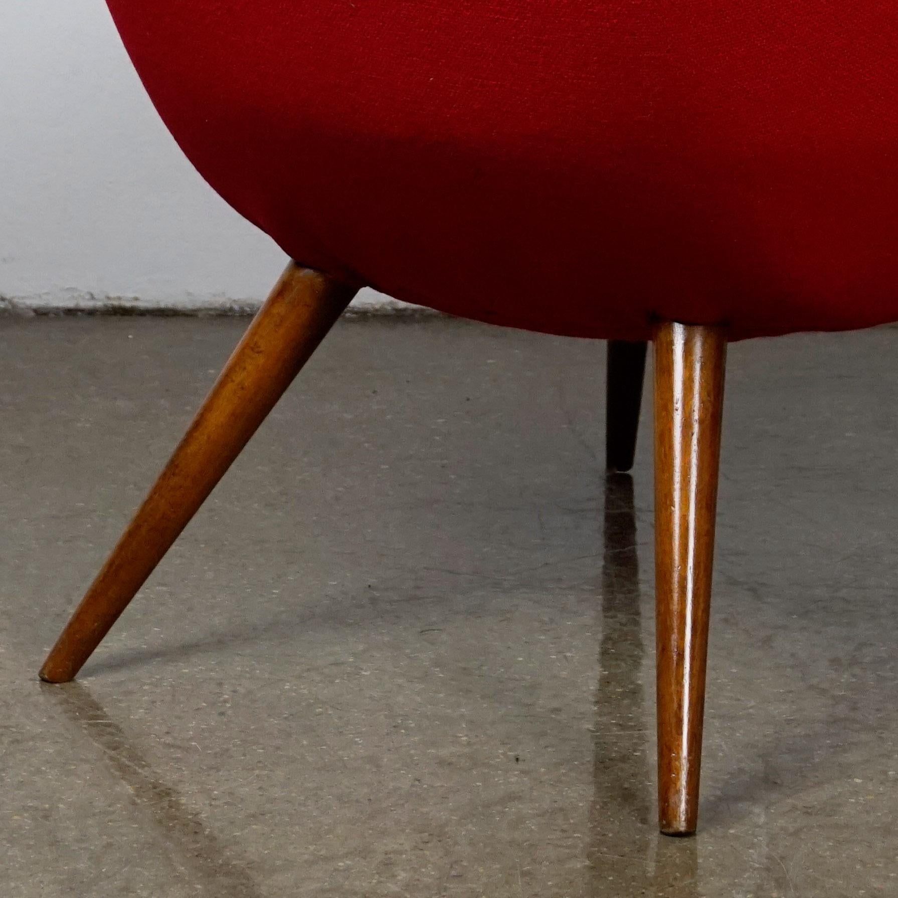 Austrian Midcentury Red Bucket Lounge or Cocktail Chair with Walnut Legs 4