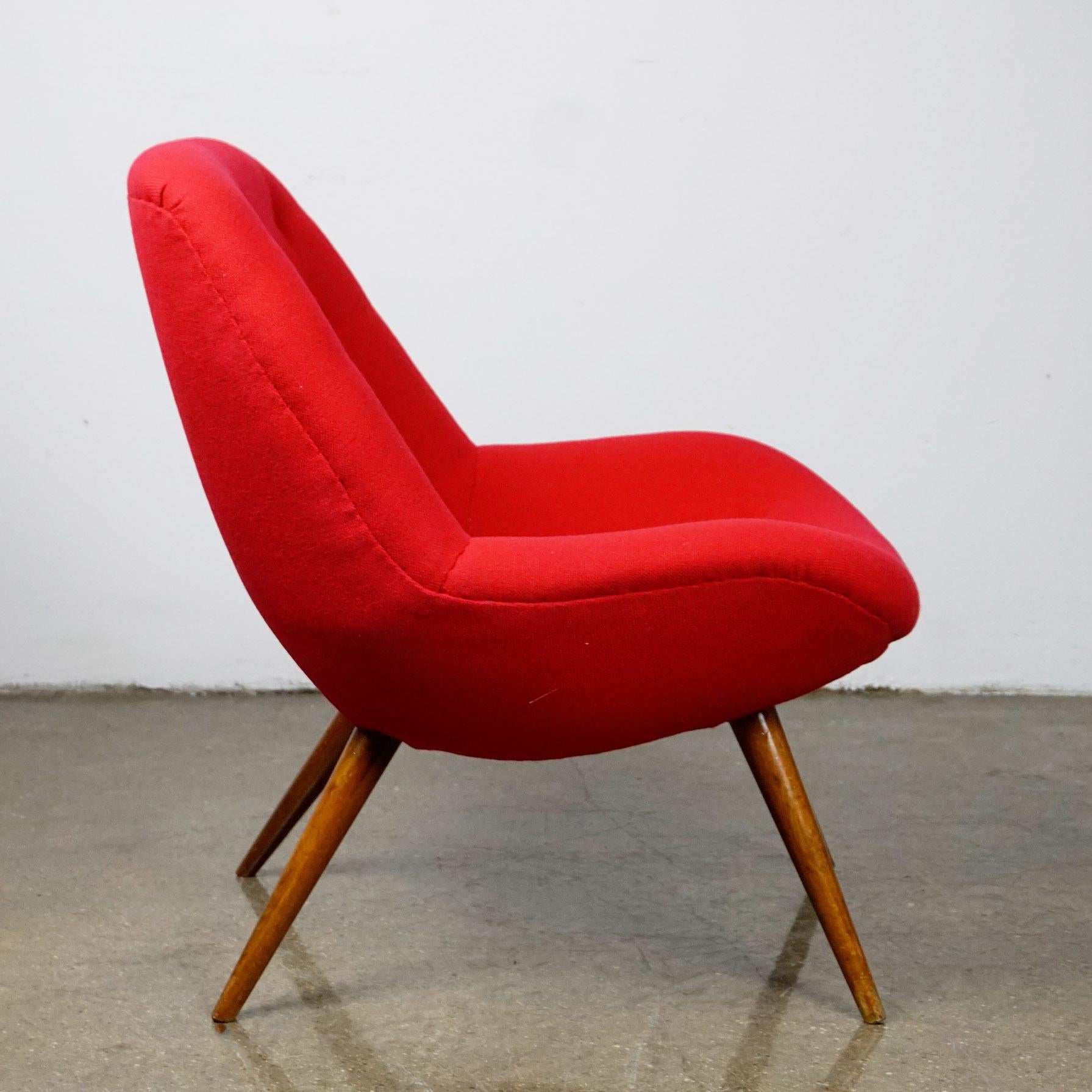 Mid-20th Century Austrian Midcentury Red Bucket Lounge or Cocktail Chair with Walnut Legs