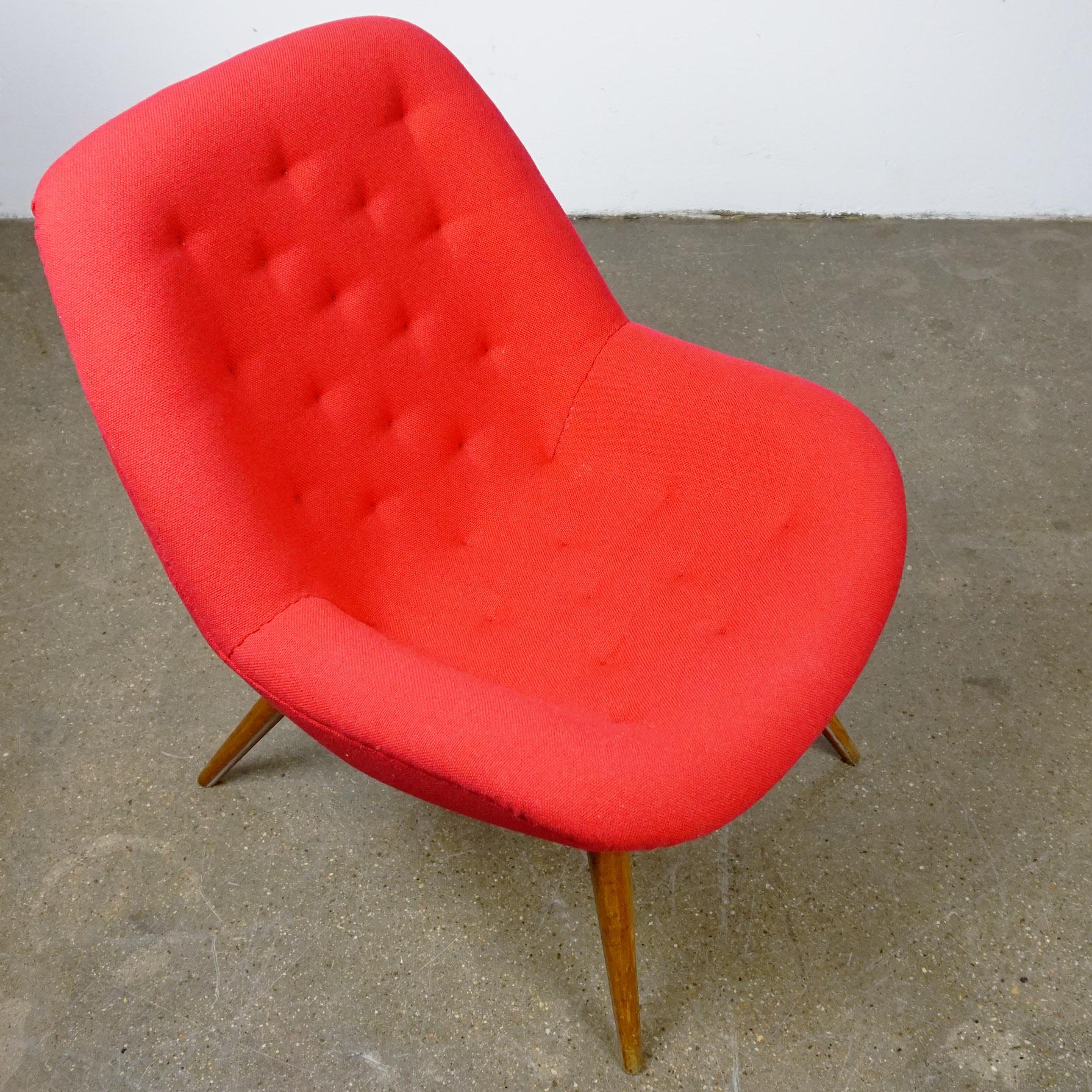Fabric Austrian Midcentury Red Bucket Lounge or Cocktail Chair with Walnut Legs