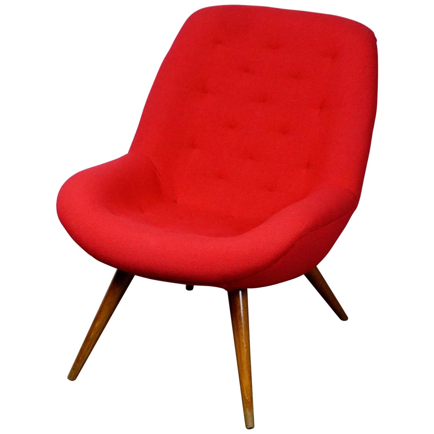 Austrian Midcentury Red Bucket Lounge or Cocktail Chair with Walnut Legs