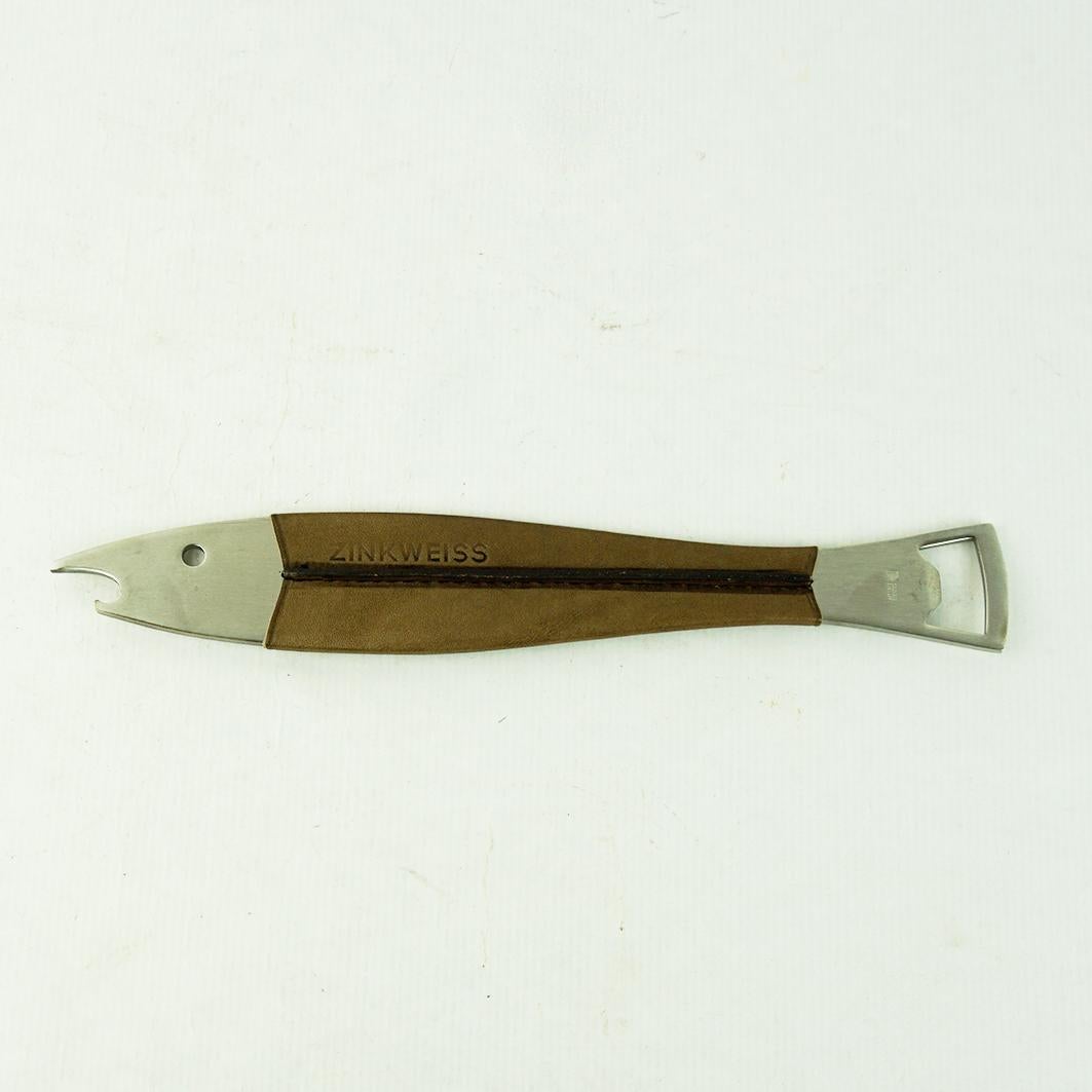 Mid-Century Modern Austrian Midcentury Steel and Leather Fish Bottle Opener Neptun by Carl Auböck For Sale