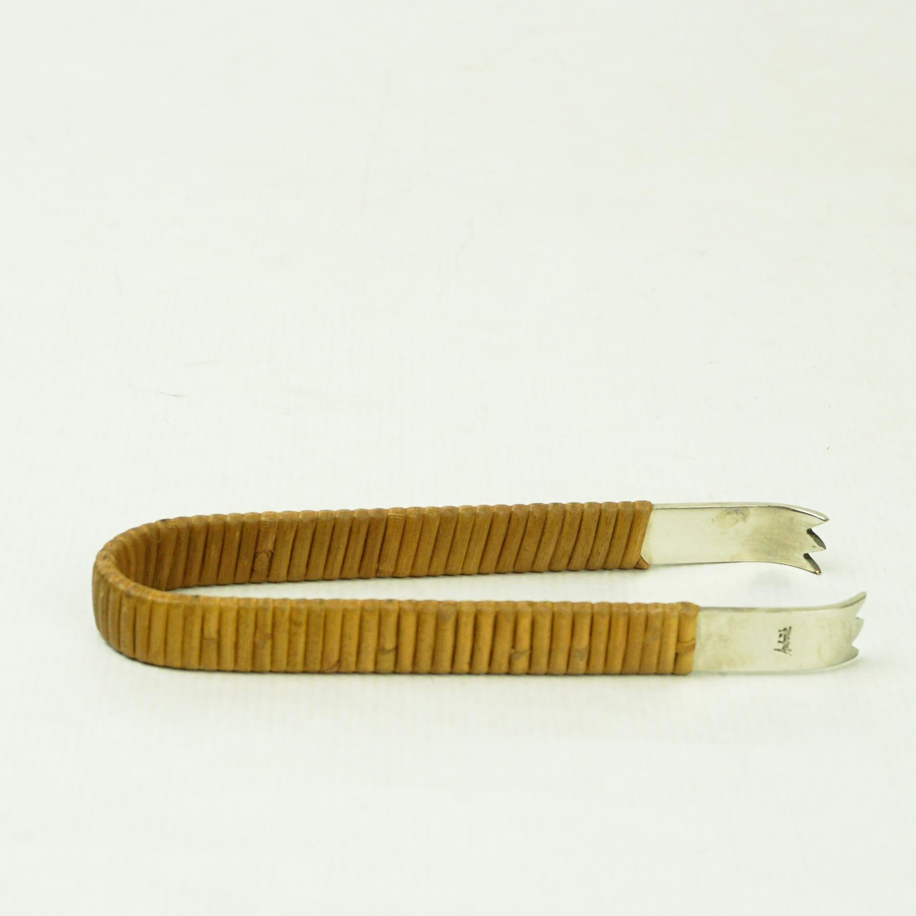 Mid-Century Modern Austrian Mid-Century Steel and Wicker Ice Cube Tongs Pincer by Carl Auböck