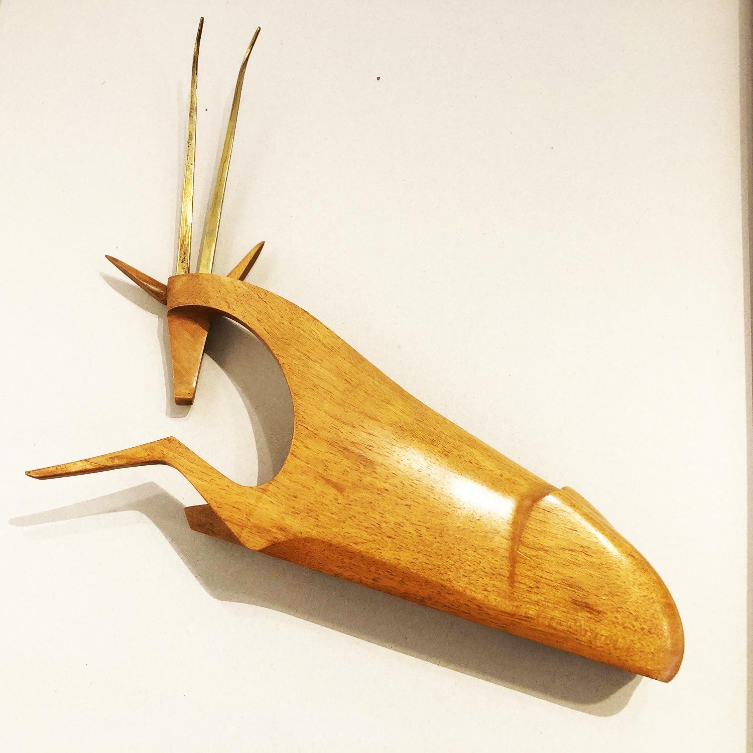 Polished Austrian Midcentury Walnut and Brass Antilope Sculpture by Hagenauer Vienna