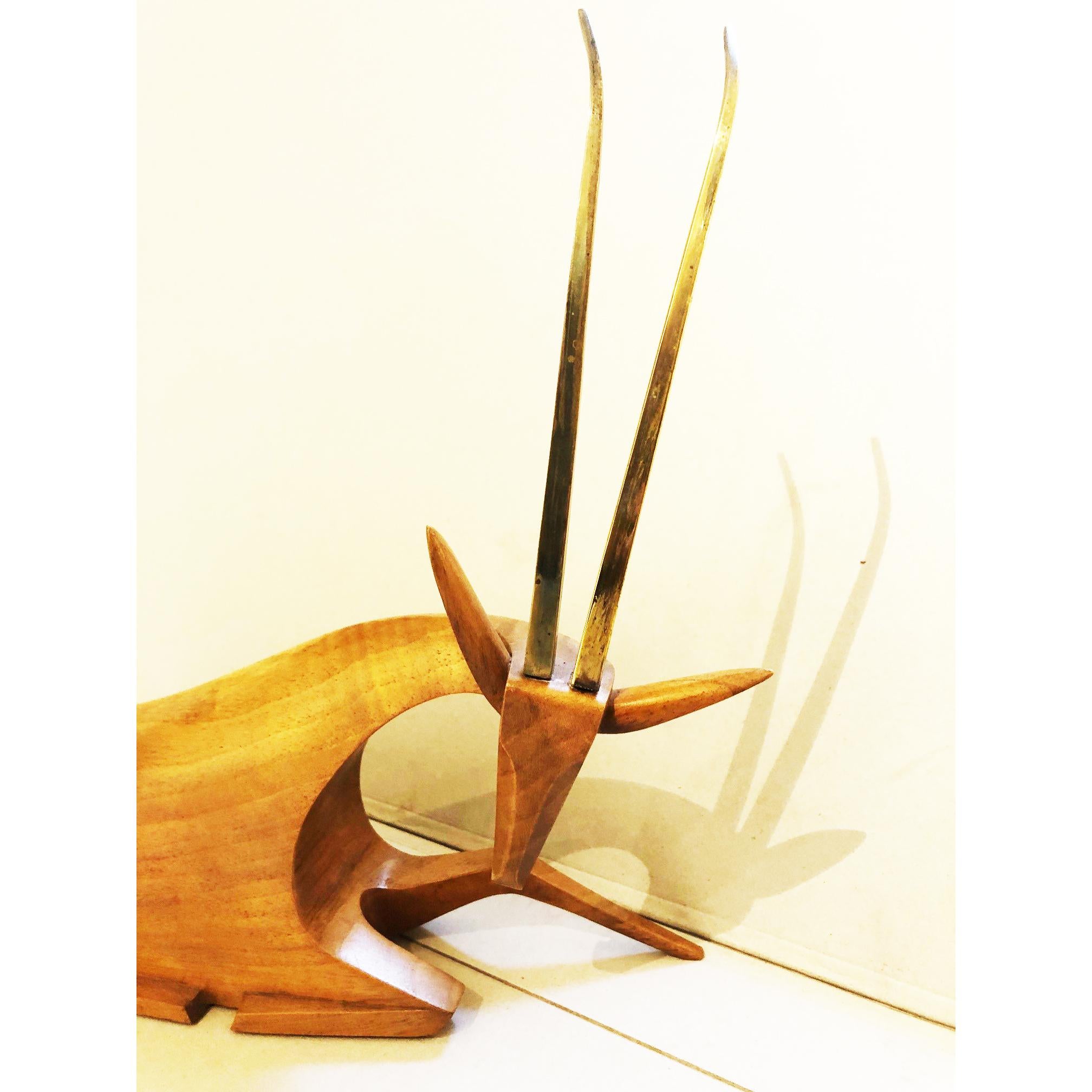 Mid-20th Century Austrian Midcentury Walnut and Brass Antilope Sculpture by Hagenauer Vienna