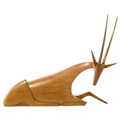 Austrian Midcentury Walnut and Brass Antilope Sculpture by Hagenauer Vienna