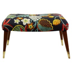 Austrian Midcentury Walnut and Brass Stool with Flower Fabric by Oswald Haerdtl